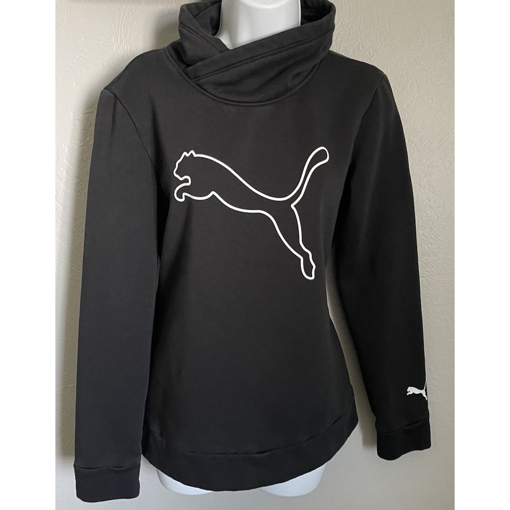 Puma Pullover Sweater Womens Size Large Black Graphic High Neck Sweatshirt